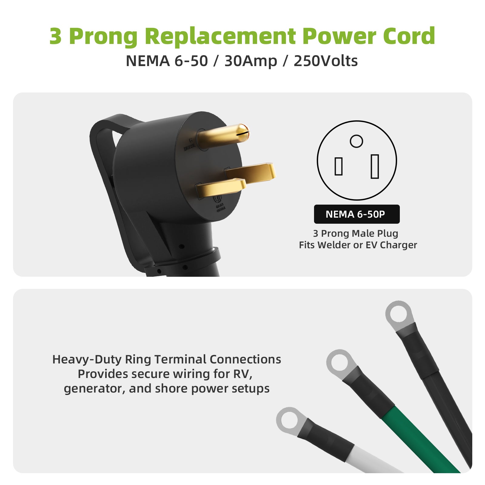 Portvoi NEMA 6-50 Welder Replacement Power Cord with Bare End 10AWG