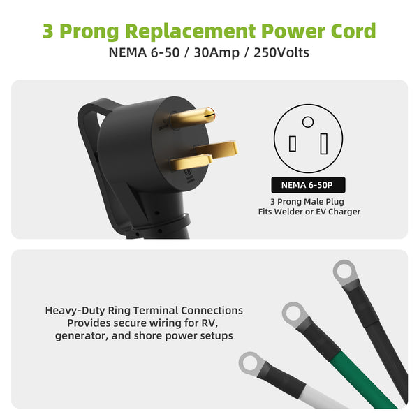 Portvoi NEMA 6-50 Welder Replacement Power Cord with Bare End 10AWG