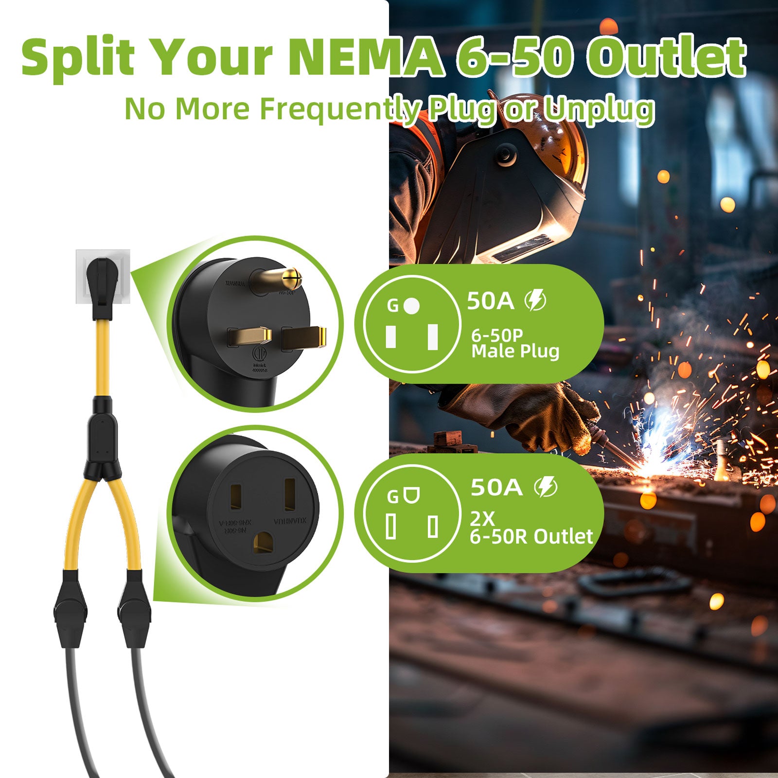 Portvoi NEMA 6-50 Y Splitter, 50Amp 250V Extension Cord For Welder/ Level 2 EV Charger Secondary image