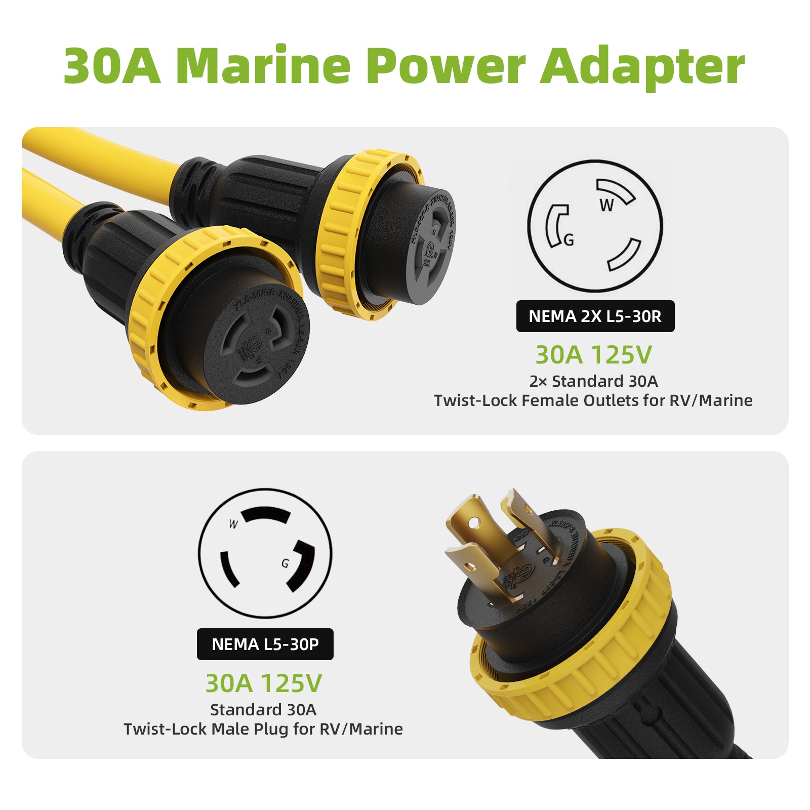 NEMA L5-30P to Dual L5-30R Marine Shore Power Splitter Cord