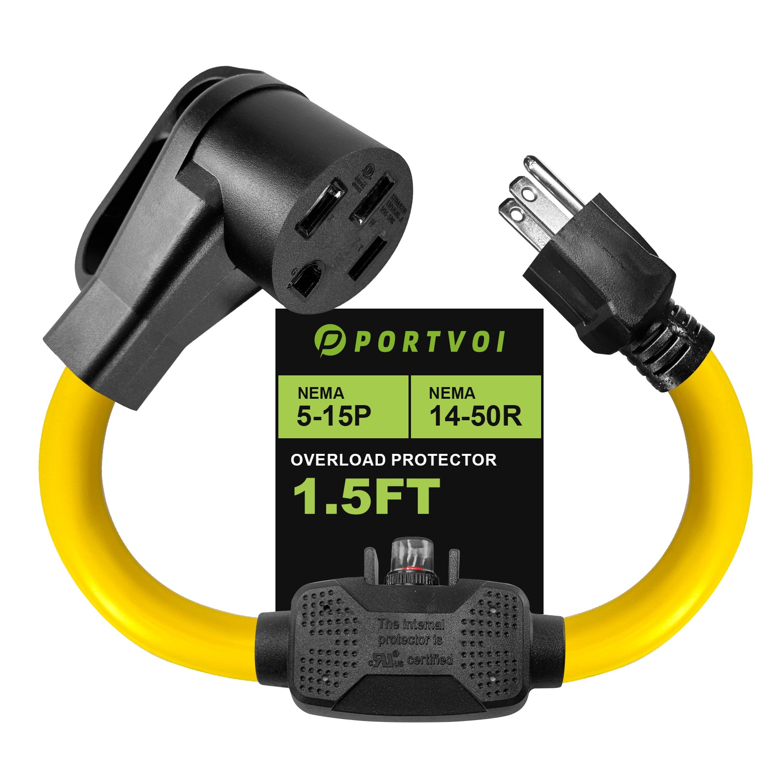 Overload Protector 50 Amp to 110 Volt 15Amp RV Adapter Cord with Circuit Breaker, 3 Prong 15A NEMA 5-15P to 4 Prong NEMA 14-50R Adapter