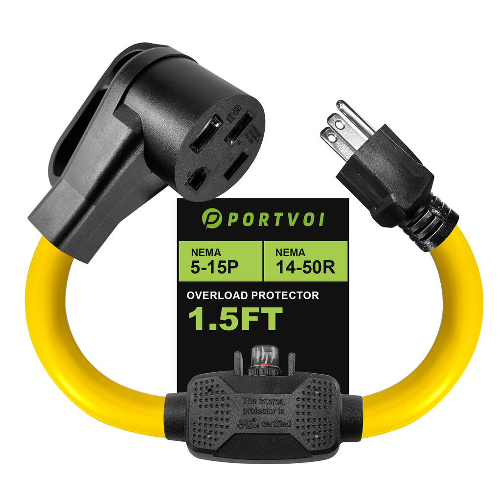 Overload Protector 50 Amp to 110 Volt 15Amp RV Adapter Cord with Circuit Breaker, 3 Prong 15A NEMA 5-15P to 4 Prong NEMA 14-50R Adapter