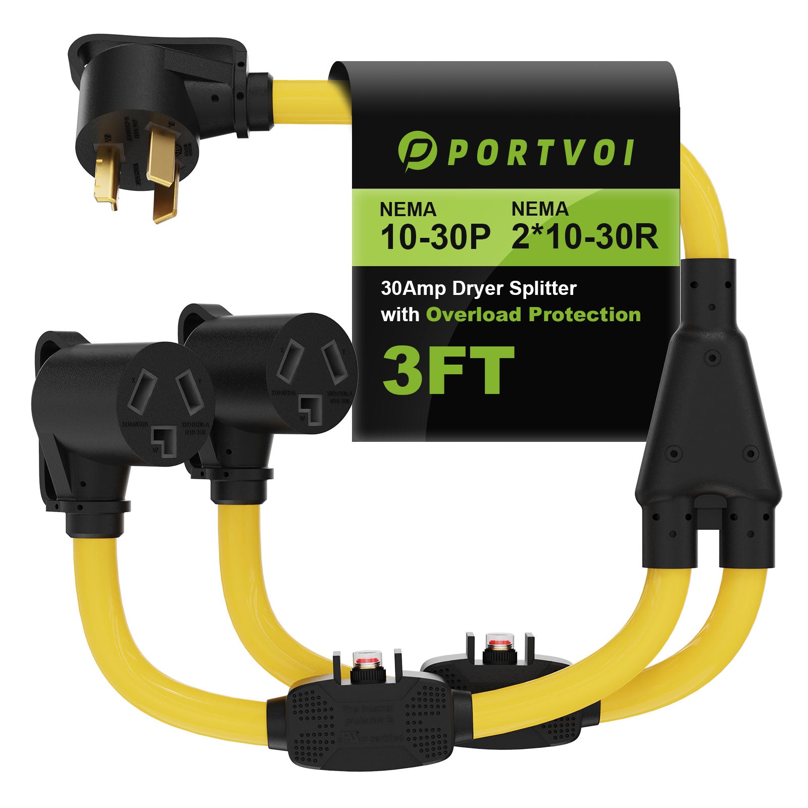 Portvoi NEMA 10-30 Extension Cord with Built-in Circuit Breakers, NEMA 10-30P to (2)10-30R Y Receptacle -1