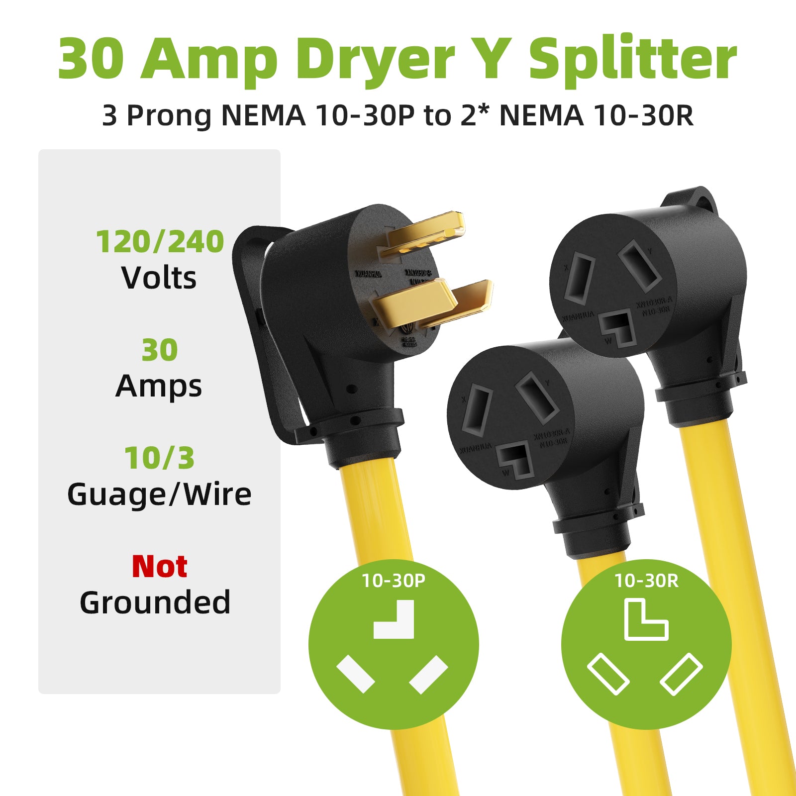 Portvoi NEMA 10-30 Extension Cord with Built-in Circuit Breakers, NEMA 10-30P to (2)10-30R Y Receptacle -2