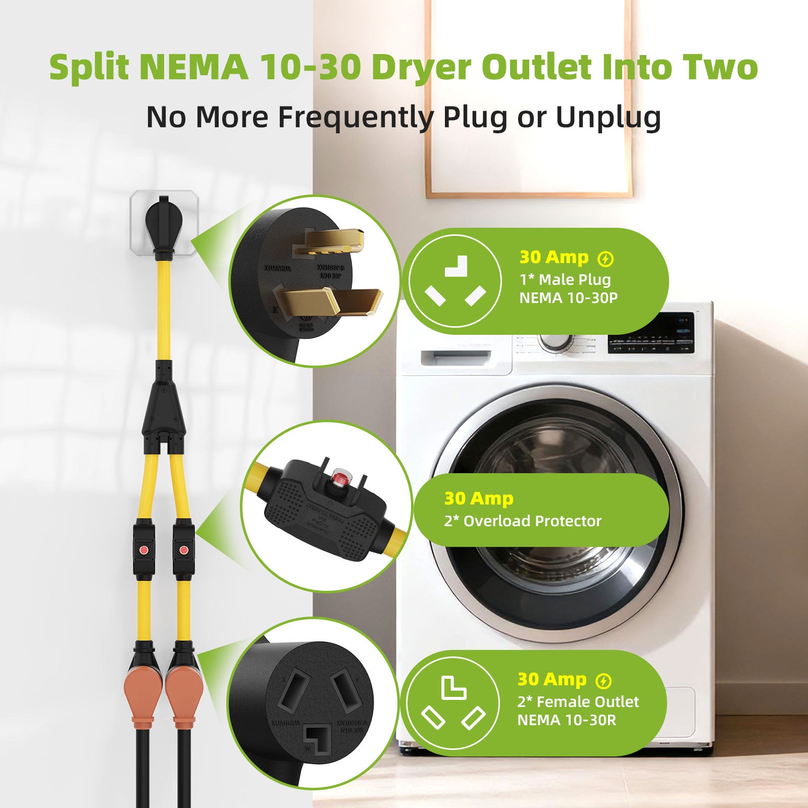 Portvoi NEMA 10-30 Extension Cord with Built-in Circuit Breakers, NEMA 10-30P to (2)10-30R Y Receptacle - 3