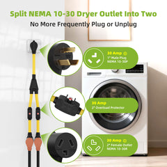 Portvoi NEMA 10-30 Extension Cord with Built-in Circuit Breakers, NEMA 10-30P to (2)10-30R Y Receptacle - 3