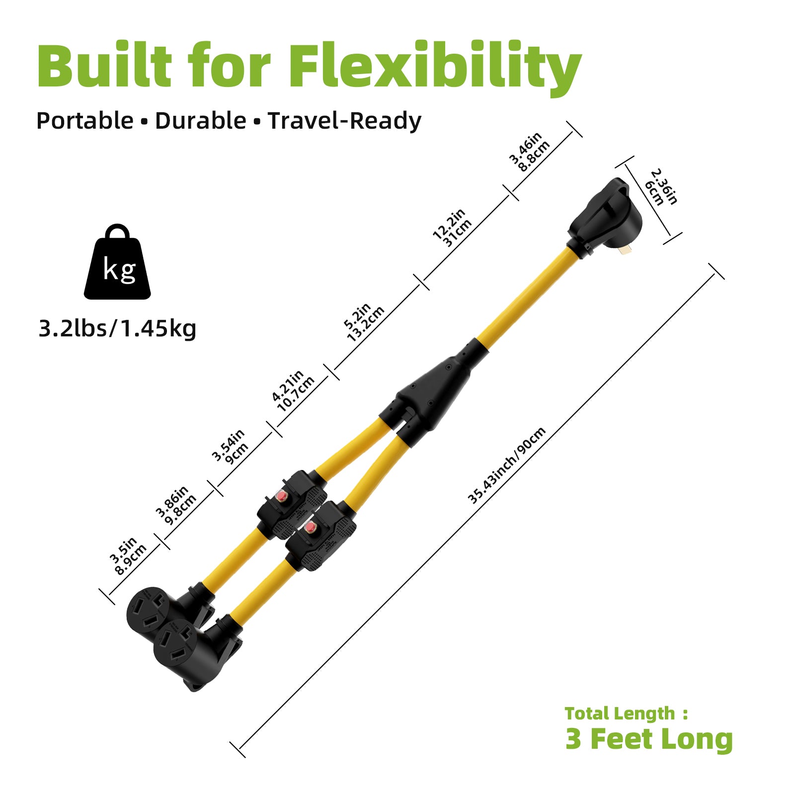 Portvoi NEMA 10-30 Extension Cord with Built-in Circuit Breakers, NEMA 10-30P to (2)10-30R Y Receptacle-8