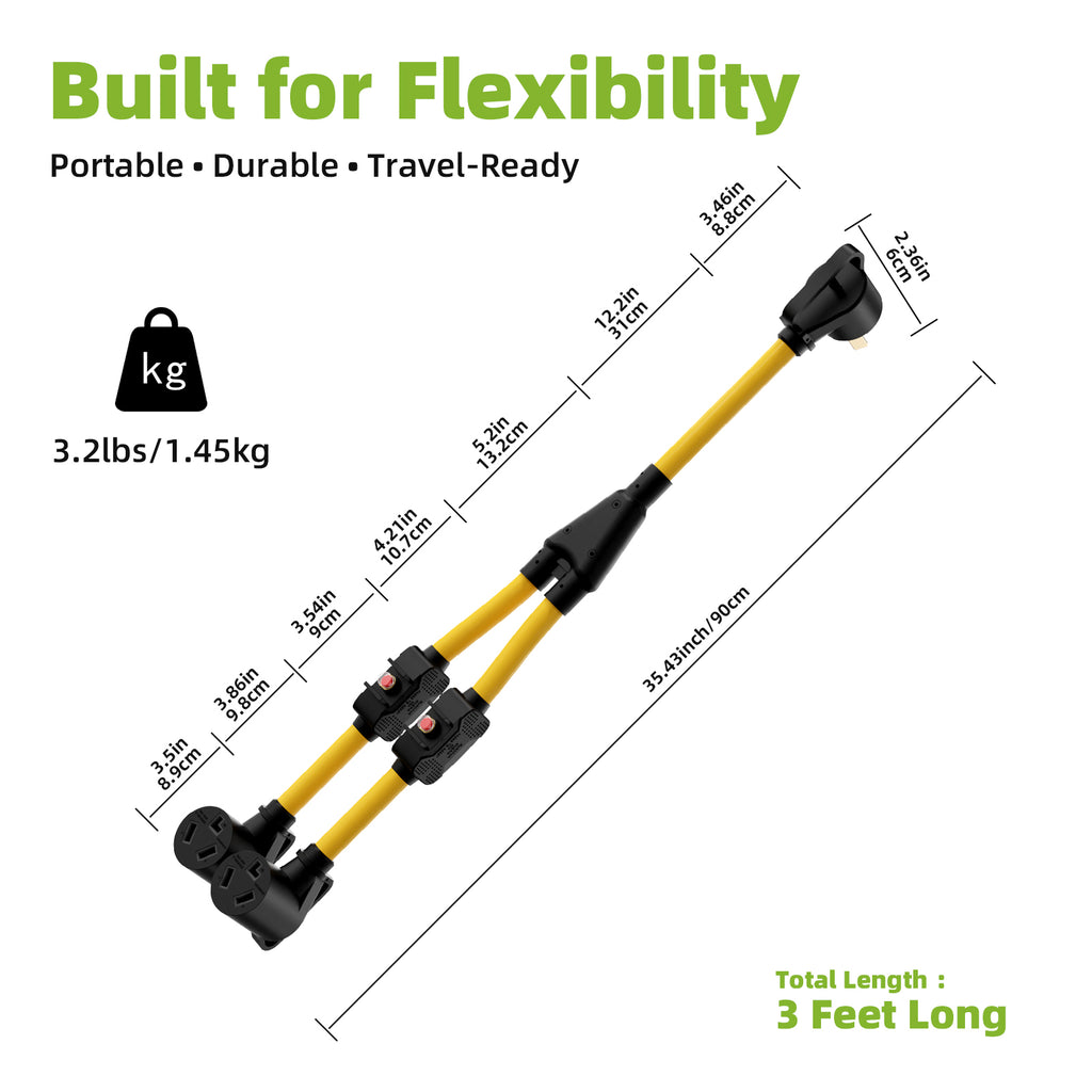 Portvoi NEMA 10-30 Extension Cord with Built-in Circuit Breakers, NEMA 10-30P to (2)10-30R Y Receptacle-8