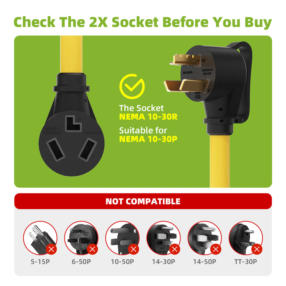 Portvoi NEMA 10-30 Extension Cord with Built-in Circuit Breakers, NEMA 10-30P to (2)10-30R Y Receptacle - 7